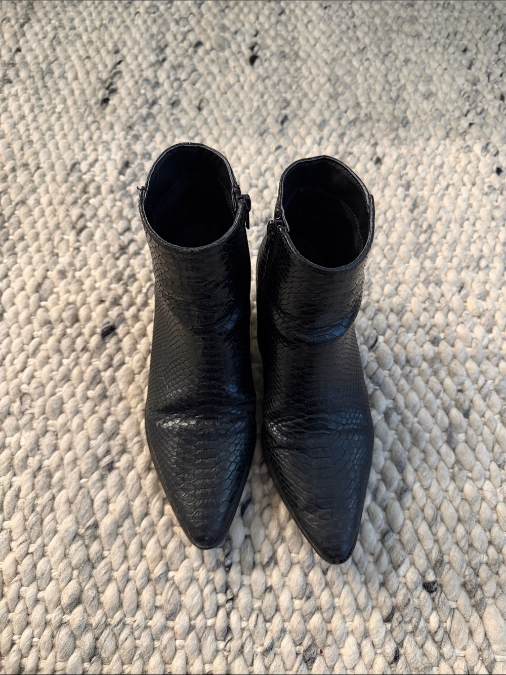 Black Pointed-Toe Snake Skin Ankle Boots